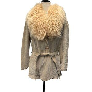 Vintage 1960s Belted Suede Penny Lane Coat With Faux Fur Collar
